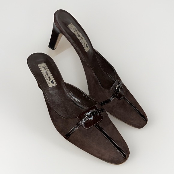 Brighton Wanda Brown Suede Mule Heels Silver Heart Embellishment Size: 11 - Picture 1 of 7